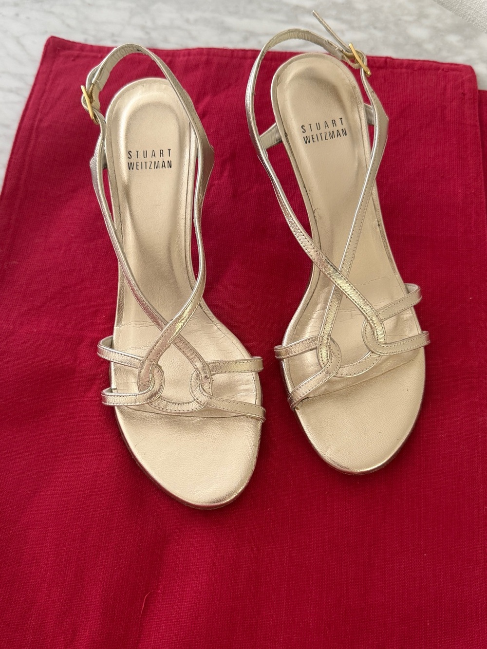 Stuart Weitzman Metallic Gold Strappy Slingback Sandals